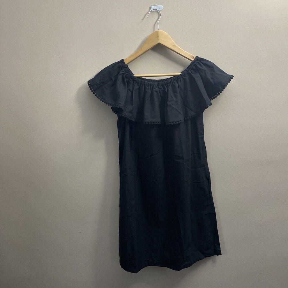 Colleen Lopez Black Palm Paradise Ruffle Off-the-Shoulder Tunic Dress Medium